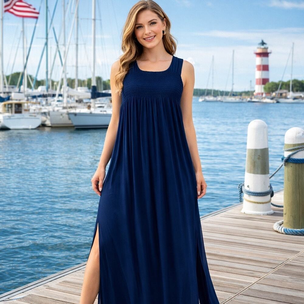 Vineyard Vines Women's Navy Smocked Maxi Dress S Nautical Coastal Chic Cruise